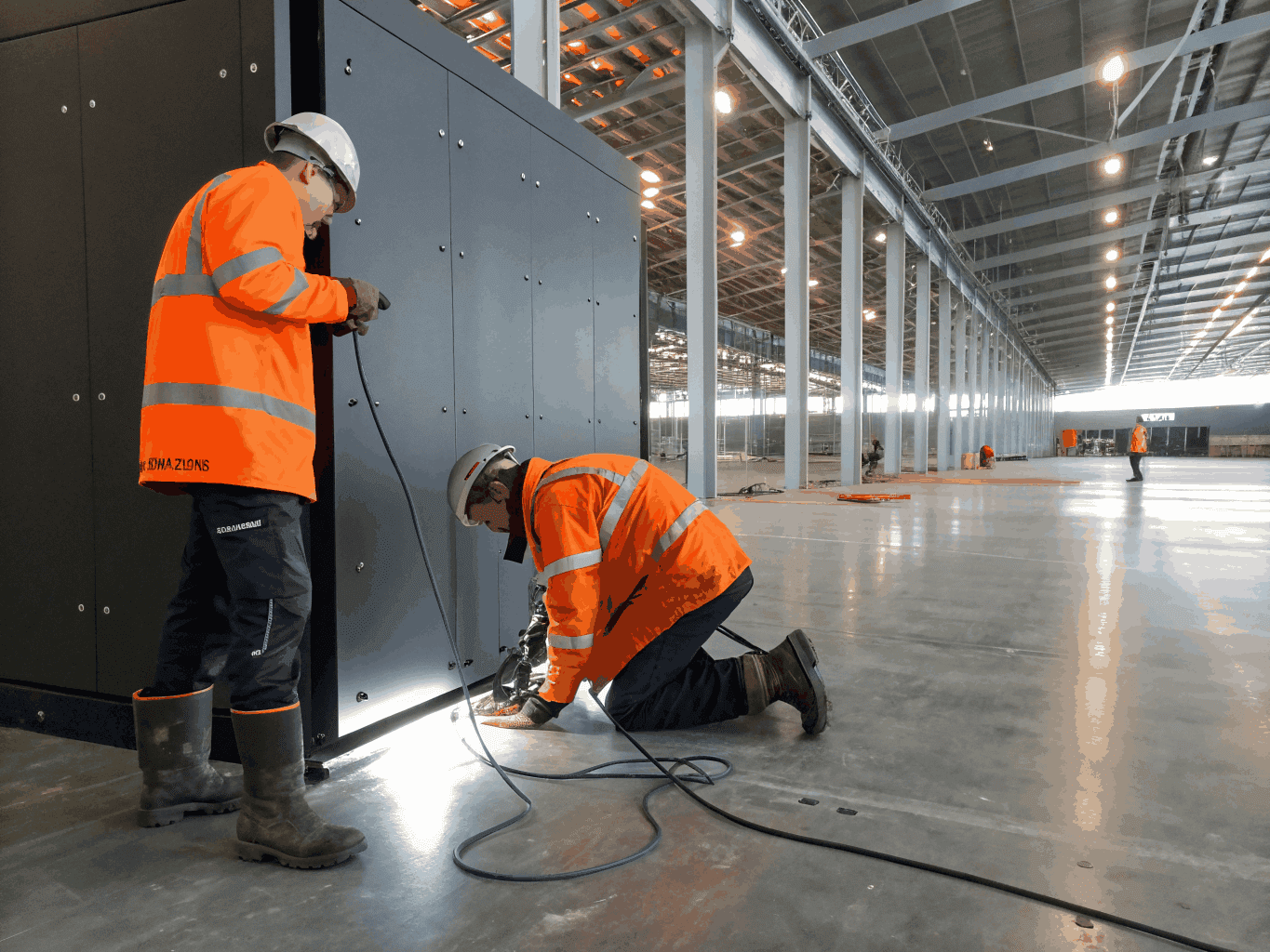 Technicians commissioning generator control panel and completing on-site installation checks