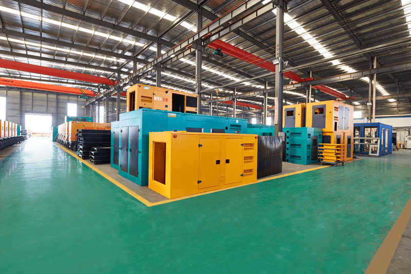 Generator assembly line with technicians assembling diesel engines